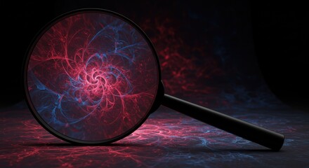 A magnifying glass reveals a swirling, vibrant nebula of red and blue energy.