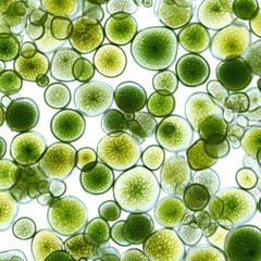 microscopic view of chlorella vulgaris, super zoomed in, cells are clearly visible, algae covering the whole image in transparent background