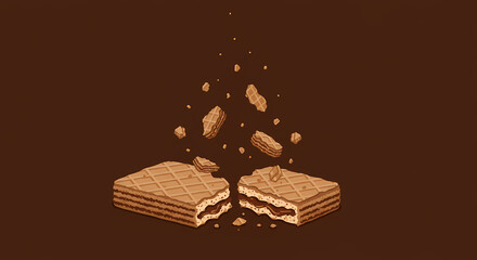 A delicious chocolate wafer cookie breaking in half with crumbs flying out, pixel art illustration of a sweet snack.