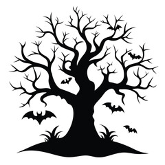 Silhouette Illustration of a Spooky Bare Tree with Bats for Halloween Celebration Graphic