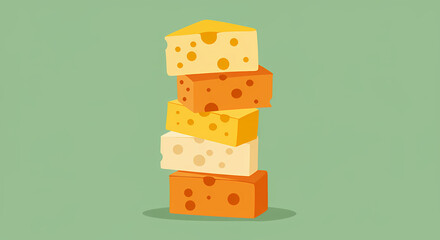 A tall stack of assorted cheese blocks with holes, representing a variety of dairy products and gastronomy.
