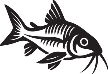 Fish with fins and whiskers black silhouette, Black aquatic vector fish illustration