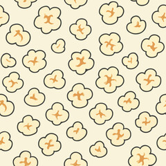 A fun and playful seamless pattern featuring stylized popcorn kernels on a light cream background, outlined in brown. Ideal for movie night themes, packaging, and children's designs