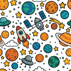 A fun, hand-drawn seamless pattern featuring colorful cartoon planets, rockets, stars, satellites, and UFOs on a crisp white background. Ideal for children's designs