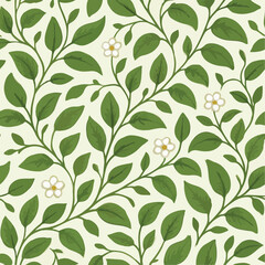 Seamless pattern of elegant green vines, leaves, and small white flowers on a cream background. A fresh, classic botanical illustration perfect for creating a calm, natural, and sophisticated look © Sharjeel
