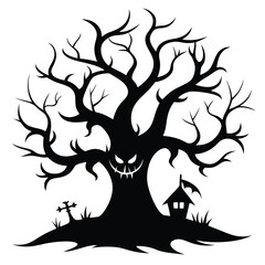 Spooky Halloween Scene Silhouette of Evil Tree, Tombstone, and Haunted House