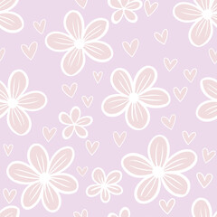 Trendy seamless pattern with soft beige flowers and white heart doodles on a light purple background. Hand-drawn style suits fabric, packaging, kids' decor, and Valentine’s designs