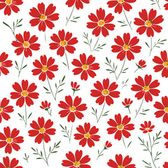 A delightful seamless pattern of bright red cosmos flowers with green stems on a white background, ideal for textiles, wallpapers, and digital designs