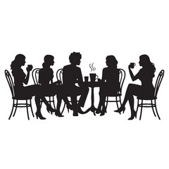Vector silhouettes of people, including business professionals and couples, sitting at tables in cafes, restaurants, and offices
