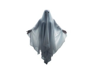 A ghostly figure draped in white isolated on transparent background, evoking halloween