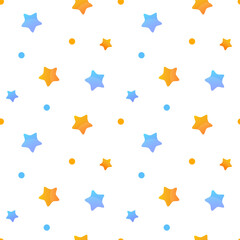 Yellow and blue little stars and dots seamless pattern.  Cute and simple festive illustration. Graphic element for birthday decoration, new year wrapping paper, fabric, and seasonal design projects.