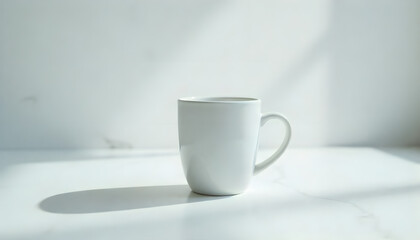 Fototapeta premium Morning Cup Silhouette: A minimalist photo of a sleek, white ceramic mug, casting a gentle shadow against a softly lit surface.