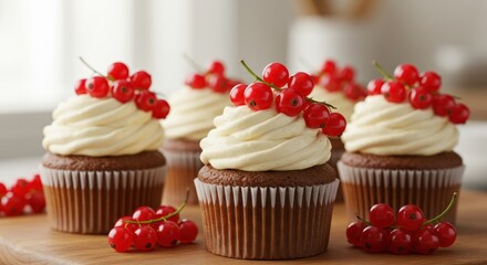 Several chocolate cupcakes with white frosting and red currants are arranged on a wooden board.