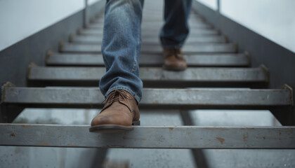 Man in brown shoes stands on metal railing of staircase. Person lower body slightly elevated, giving confident posture. Natural setting with trees blurred in background, emphasizing calm atmosphere.