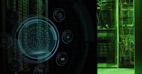 Shield icon appearing initiating rings, fingerprint morphing and icons orbiting while securing data - Powered by Adobe