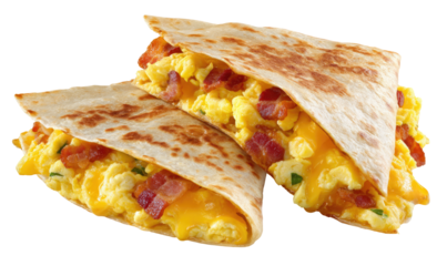 Two breakfast quesadillas, golden brown, filled with scrambled eggs, crispy bacon, and melted cheese