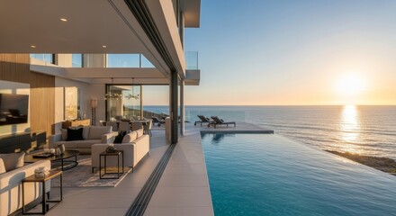 Fototapeta premium Oceanfront Luxury Villa with Infinity Pool - Stunning modern villa overlooking the ocean, featuring an infinity pool and open-plan living spaces. Perfect for luxury getaways