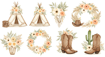 Boho western floral elements with teepees and cowboy boots