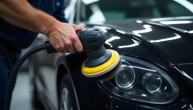 Car detailing and polishing concept of professional man car service worker with orbital polisher polishing black luxury car in auto repair shop, created with generative ai