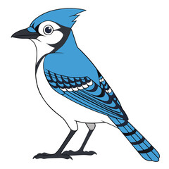 A vibrant stylized blue jay rendered in a clean flat illustration style perfect for graphic design projects and nature themed artwork