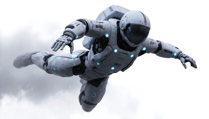 Robot astronaut in flight, futuristic, high-tech suit. Black and white, glowing blue accents. Mechanized arms stretch up, reaching for sky. Central figure in frame, isolated on white background.