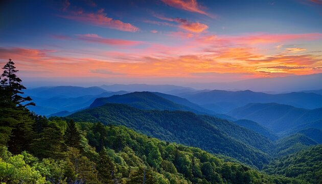 blue ridge mountains at sunset from blue ridge parkway amazing nature scenery with layered mountain ranges green forests colorful pink orange sky beautiful scenic landscape perfect for travel