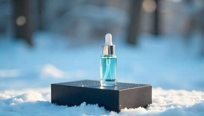 Serene Skincare Elixir in Winter's Embrace: A cosmetic product, bottle, meticulously positioned on a platform amidst a picturesque, snow-covered landscape.