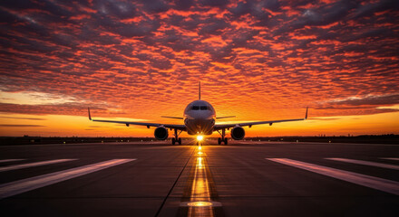 Airplane on runway at sunset with fiery orange and red clouds