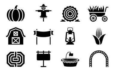 Collection of autumn and farm themed icons silhouette isolated on white background