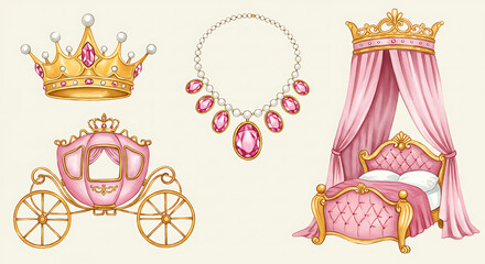 Enchanting princess collection featuring crown carriage bed and jewelry