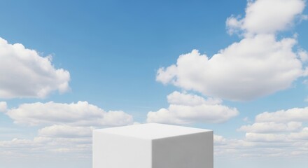 White Cube Sky Background - A pristine white cube sits against a backdrop of a bright blue sky dotted with fluffy white clouds. Perfect for product displays