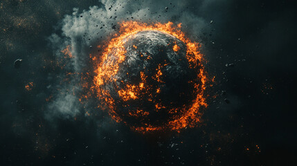 A dramatic depiction of a planet shattering in a fiery explosion, with glowing debris drifting through space—symbolizing destruction, cosmic power, transformation, and rebirth.

