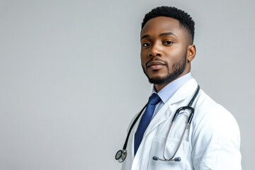 Studio photo of a serious doctor, a dark-skinned guy dressed in a white lab coat, tie, with a stethoscope. Isolated background in white. Copy space. Banner