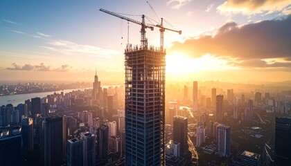 Aerial view of a skyscraper under construction at sunset, with cranes and cityscape in the background