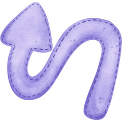 A whimsical and charming purple curved arrow, rendered in a delightful hand-drawn doodle style with subtle stitching details.