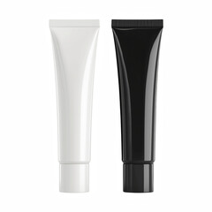 Black and white cosmetic squeeze tubes with glossy surface, 3D render, isolated on transparent background