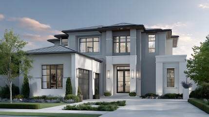 Fototapeta premium Gray modern house exterior shows architectural design. Property stands on a manicured lawn. Suitable for real estate marketing, design, or web use.