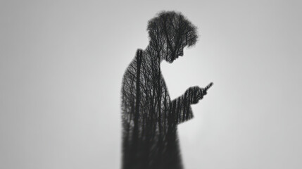 Nature Escape from Tech, silhouette of person using phone blends with nature showing trees symbolizing escape from tech in creative way