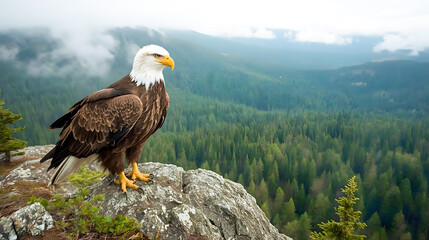 Obraz premium Bald Eagle on Mountain Cliff Overlooking Forest Valley