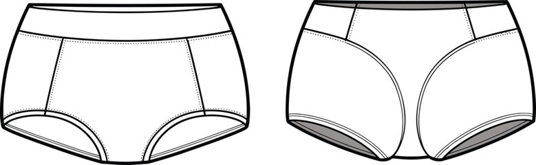 Women's Full Coverage Briefs Underwear Design, Front and Back View, Comfortable Apparel Template, Editable Vector Flat Sketch Illustration for Intimate Apparel.