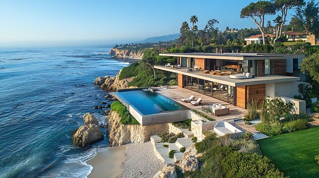 Luxury modern villa with infinity pool overlooking the ocean cliffside - Powered by Adobe