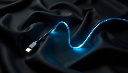 Illuminating Cable: A sleek, blue-lit cable elegantly winds across a luxurious, dark silk fabric, hinting at advanced connectivity and modern technology.