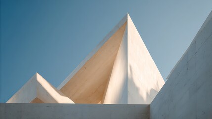 Modern architecture stands against blue sky. Geometric concrete structure, low angle view. For marketing, design, web.