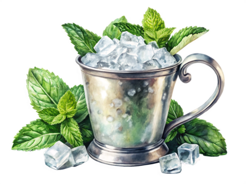 A refreshing mint julep with ice in a silver cup isolated on transparent background