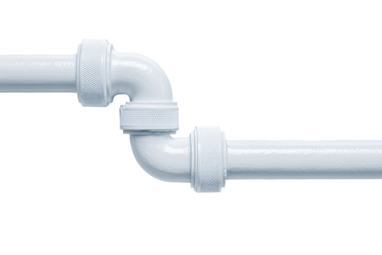 A light-gray PVC pipe fitting, showing a 90-degree bend
