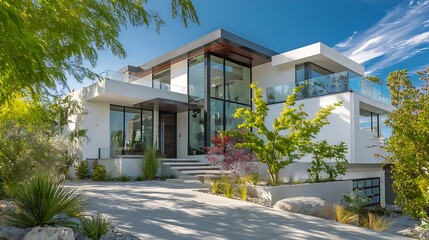 Modern house exterior gleams under blue sky. Architecture showcases luxury design. Ideal for real estate, marketing, web use.