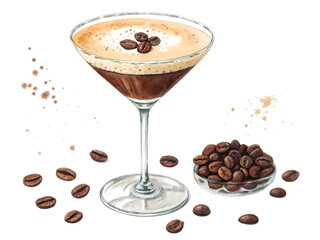 A delicious espresso martini with coffee beans isolated on transparent background