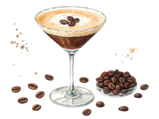 A delicious espresso martini with coffee beans isolated on transparent background