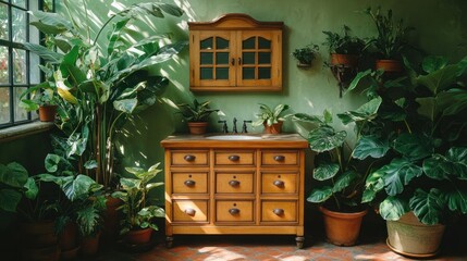 Rustic bathroom with lush greenery. Wooden cabinet sink, plants, sunlight