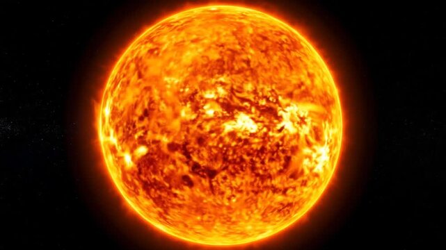 Detailed View Of The Glowing Orange And Yellow Sun In Deep Space Showing Solar Flare and Plasma Activity With Visible Surface Texture